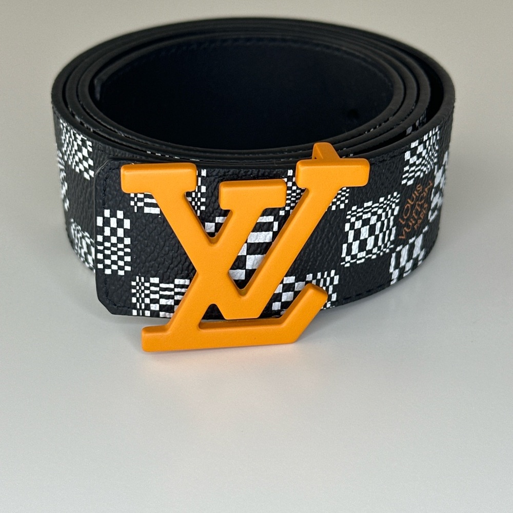 Louis Vuitton Black and White Checkered Men's Belt with Orange Logo